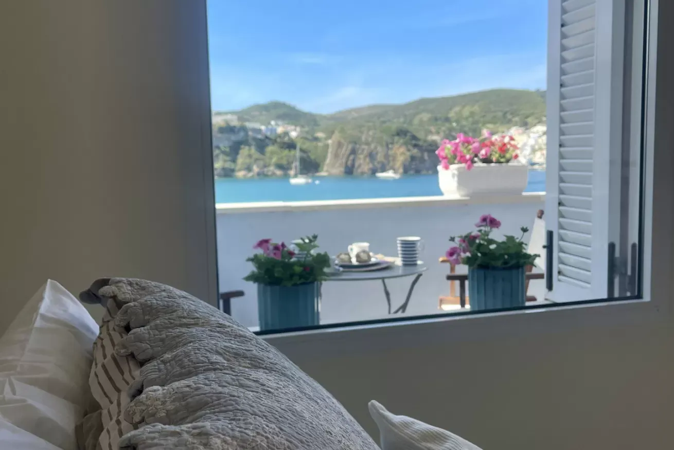 Vista sul mare da una camera con terrazza fiorita