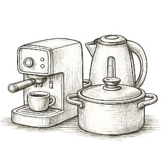 Macchina da caffè con tazza, bollitore e pentola sul piano di lavoro
